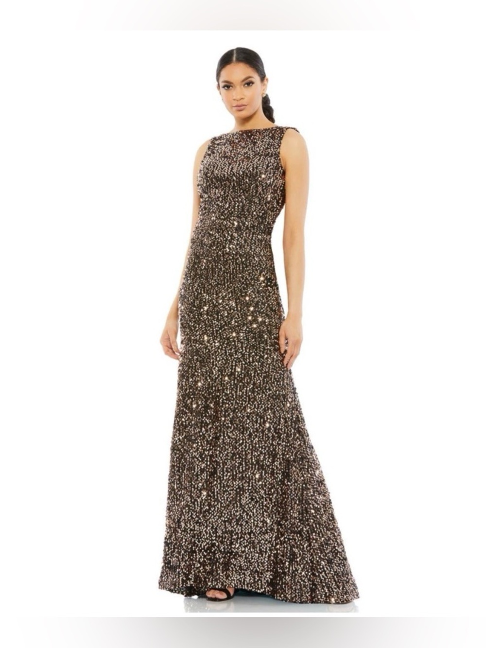 IEENA FOR MAC DUGGAL Bronze Cowl Back Boat Neck Sequined Evening Gown Size 4 New